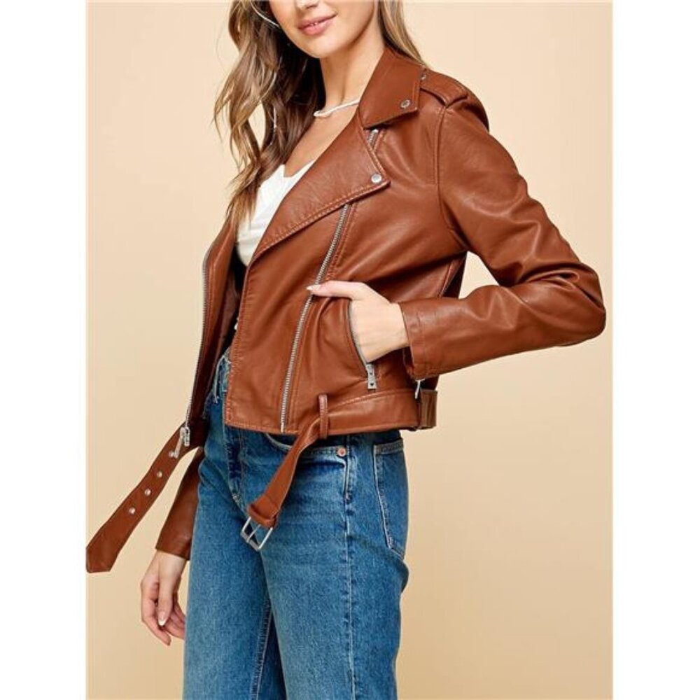 Slim Fit Stylish Vegan Leather Moto Jacket Orange - Picture 2 of 5